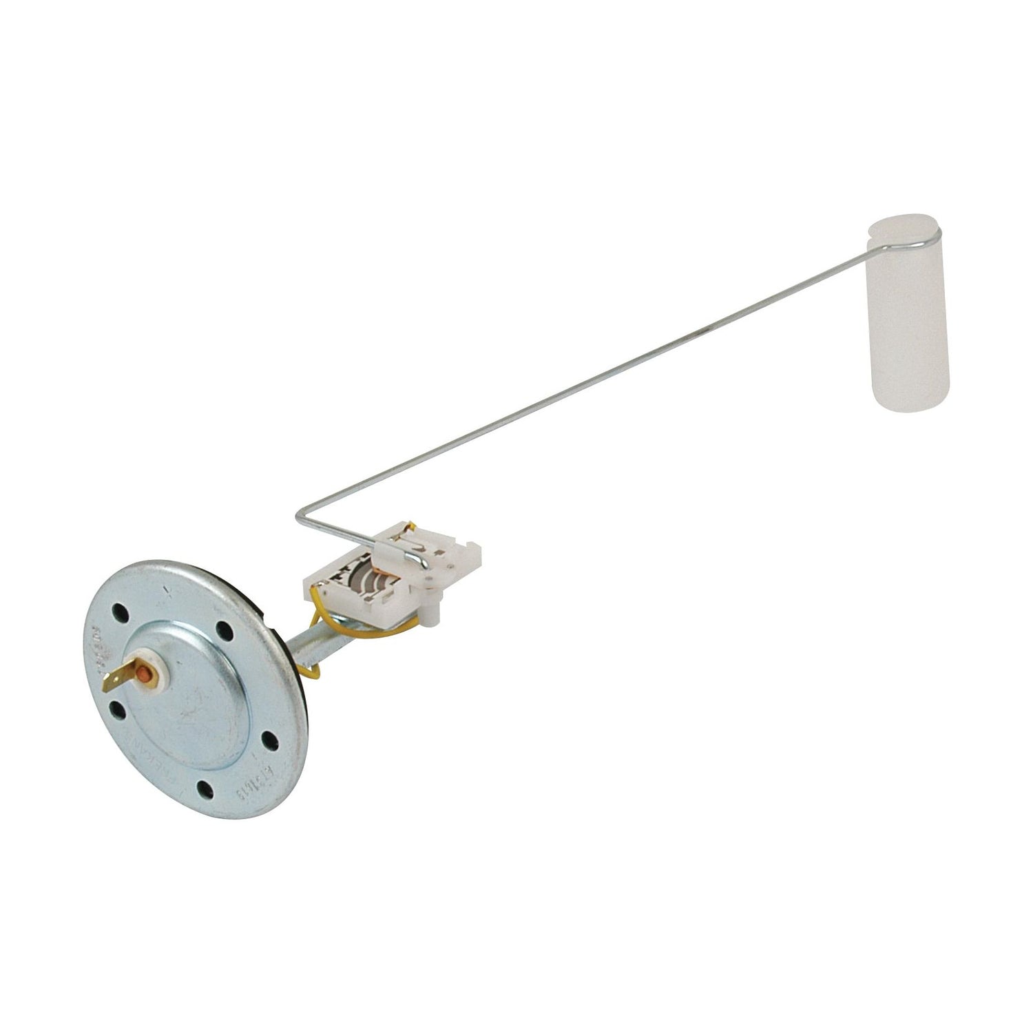 The Sparex Fuel Sender Unit (Part No. S.75822) is designed for a 12V system and features a circular mounting plate, an attached float arm, and a white cylindrical float at the end, making it ideal for use with John Deere equipment.