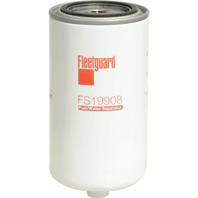 Image of a cylindrical white Sparex Fuel Separator - Spin On - FS19908 (Sparex Part No. S.119386) with red text and logo, ideal for use in Ford / New Holland T6010 tractors, featuring a Micron Rating of 10.