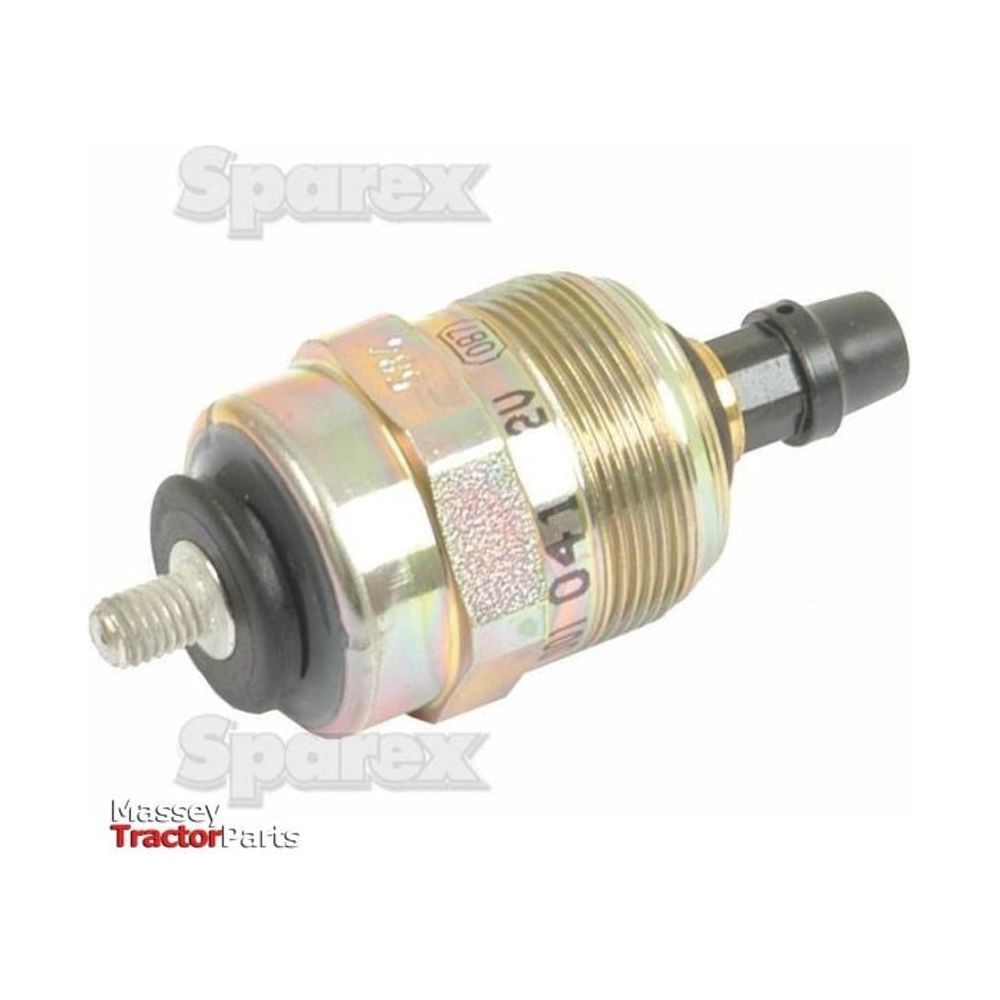 Close-up of a Massey Tractor Parts component, specifically a metal and plastic Sparex fuel shut off solenoid with threaded sections, marked "Sparex" and identified as Sparex Part No.S.57373.