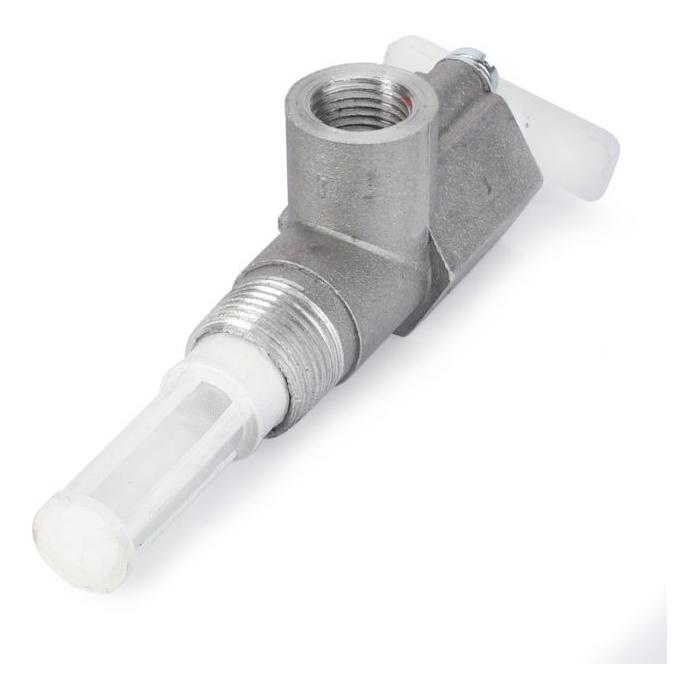 The Massey Ferguson Fuel Stop Valve - 898540, branded by AGCO, is a metallic valve with a cylindrical filter attached to its outlet. It features a BSPT male thread and has a white handle for easy operation.