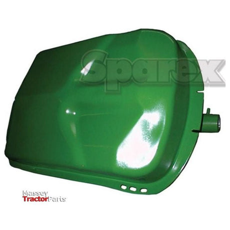 A green tractor part, specifically a fuel tank (Sparex Part No. S.59680), with the word "Sparex" in the background. The metal component features the logo "Massey Tractor Parts." The image subtly hints at compatibility with John Deere models.