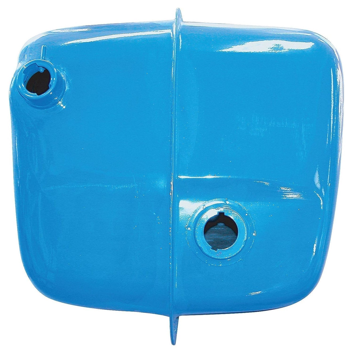 A blue, rectangular metal Fuel Tank by Sparex (Part No. S.66739) with two circular openings on its top surface.