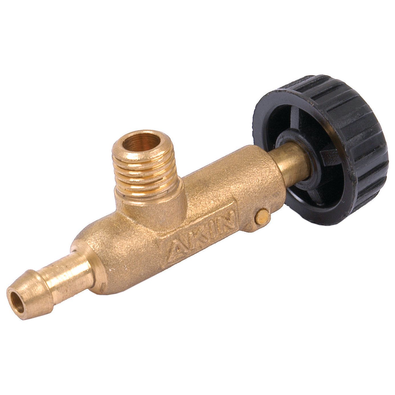The Sparex Fuel Tank Shut Off Valve (Sparex Part No. S.67207) features a brass, cylindrical body with a black knurled knob on one end, an open threaded port on top, and a hose barb fitting on the opposite end. It is ideal for use as a fuel tank shut off valve for Universal Tractors and is suitable for Sparex replacement parts needs.