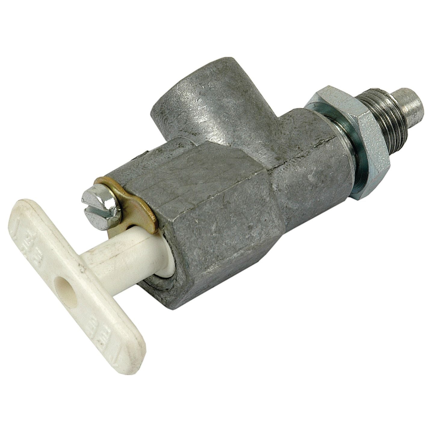 The Fuel Tap (Sparex Part No. S.42639) by Sparex is an angular shut-off valve with a metal body, hexagonal nut, and a white plastic handle, featuring a 1/2'' UNF female outlet.