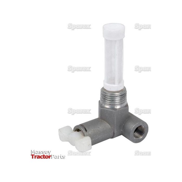 A metal fuel tap valve, known as the Fuel Tap Gauze Filter (Sparex Part No. S.65286), features a durable white plastic filter and handle. Branded with "Sparex," this component is compatible with Ford / New Holland models, ensuring reliable performance.