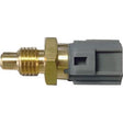 The Fuel Temperature Sensor | Sparex Part No.S.151199 is a brass and gray sensor featuring a threaded end and an electrical connector on the opposite side, designed to be compatible with John Deere machinery.