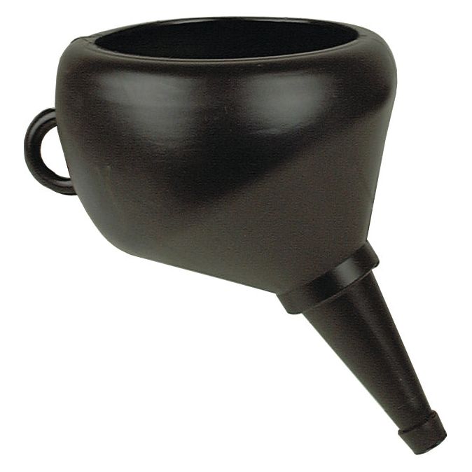 The Sparex Funnel - Angled (⌀140mm) - S.19318 is a high-density polyethylene black plastic funnel equipped with a handle and a cylindrical spout, designed for guiding liquid or powder into a small opening.