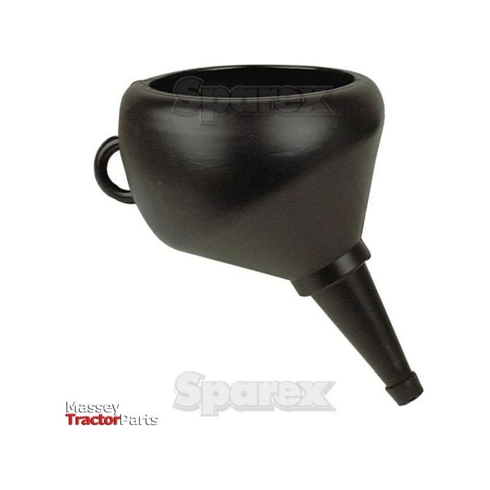 The Funnel - Angled -⌀140mm (S.19318), a high-density polyethylene black funnel with a wide top, narrow spout, and side handle, is shown against a white background. Logos for Massey Tractor Parts and Sparex are visible in the image.