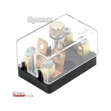 A clear plastic relay with a black base, featuring copper connectors and a silver screw on top. The image includes branding text "Sparex" and "Massey Tractor Parts," alongside the Screw Terminal Fuse Box 2 Fuse (Sparex Part No.S.5067).