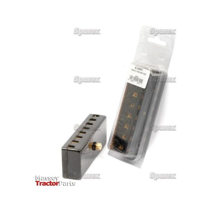 A black electrical fuse block with brass terminals, identified as the Screw Terminal Fuse Box 8 Fuse (Agripak 1 pc.) under Sparex Part No. S.24801, is positioned beside its transparent plastic packaging. The package features a visible barcode and some text, with Sparex branding evident in the background.
