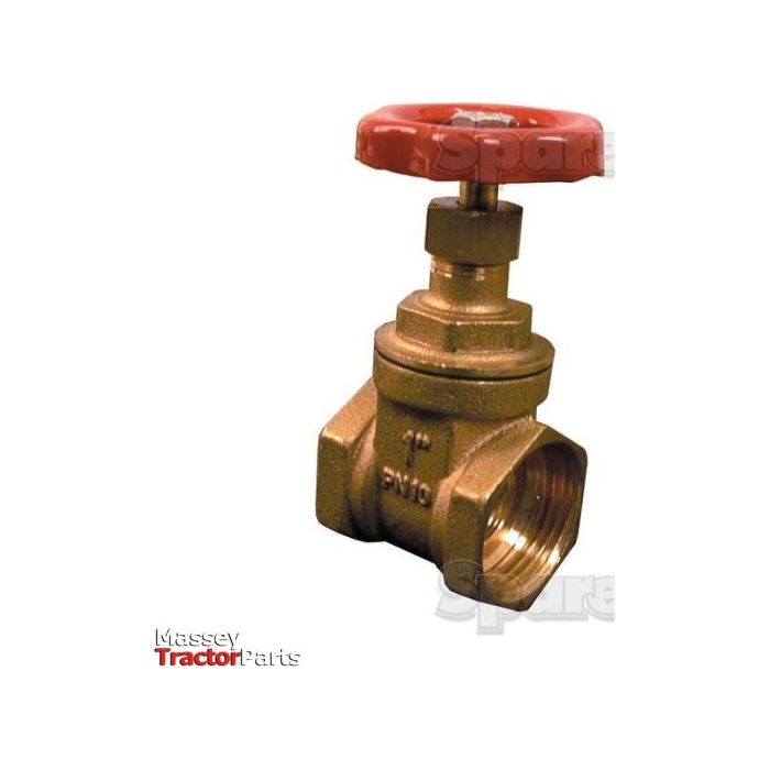 A GATE VALVE-1''BSP BRASS with a red handwheel, used for controlling the flow of fluid in a pipeline; labeled "Sparex Part No.S.14533 (Massey Tractor Parts).