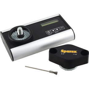 Sparex GMT-GRIND Grinding Grain Moisture Tester - S.24641, sleek black and silver design with a backlit LCD display and easy-to-use control buttons. Comes with essential calibration accessories including an adapter socket and a small metal fitting.