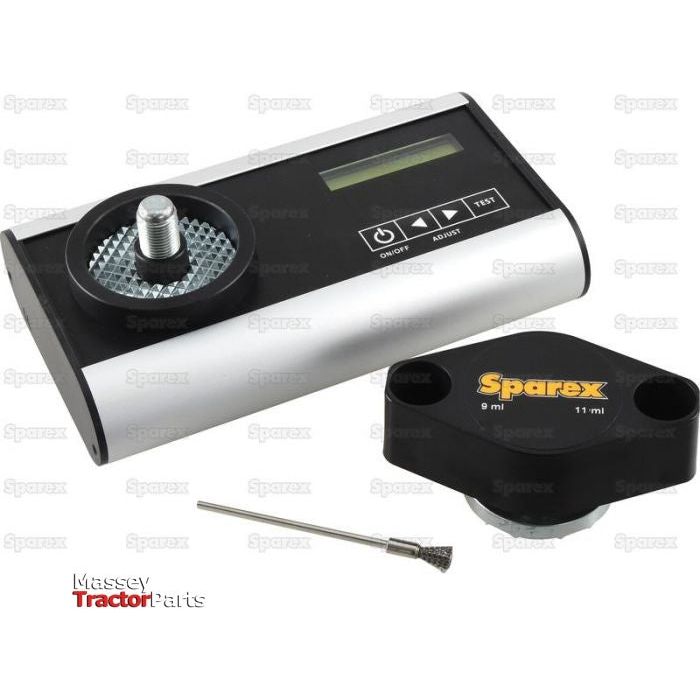 The GMT-GRIND Grinding Grain Moisture Tester - S.24641 by Sparex features a backlit LCD display and control buttons, designed for precise grain moisture measurement. Spare parts, labeled "Sparex," include a pin and 9ml and 11ml measurement containers. The background subtly displays faint "Sparex" logos for authenticity.