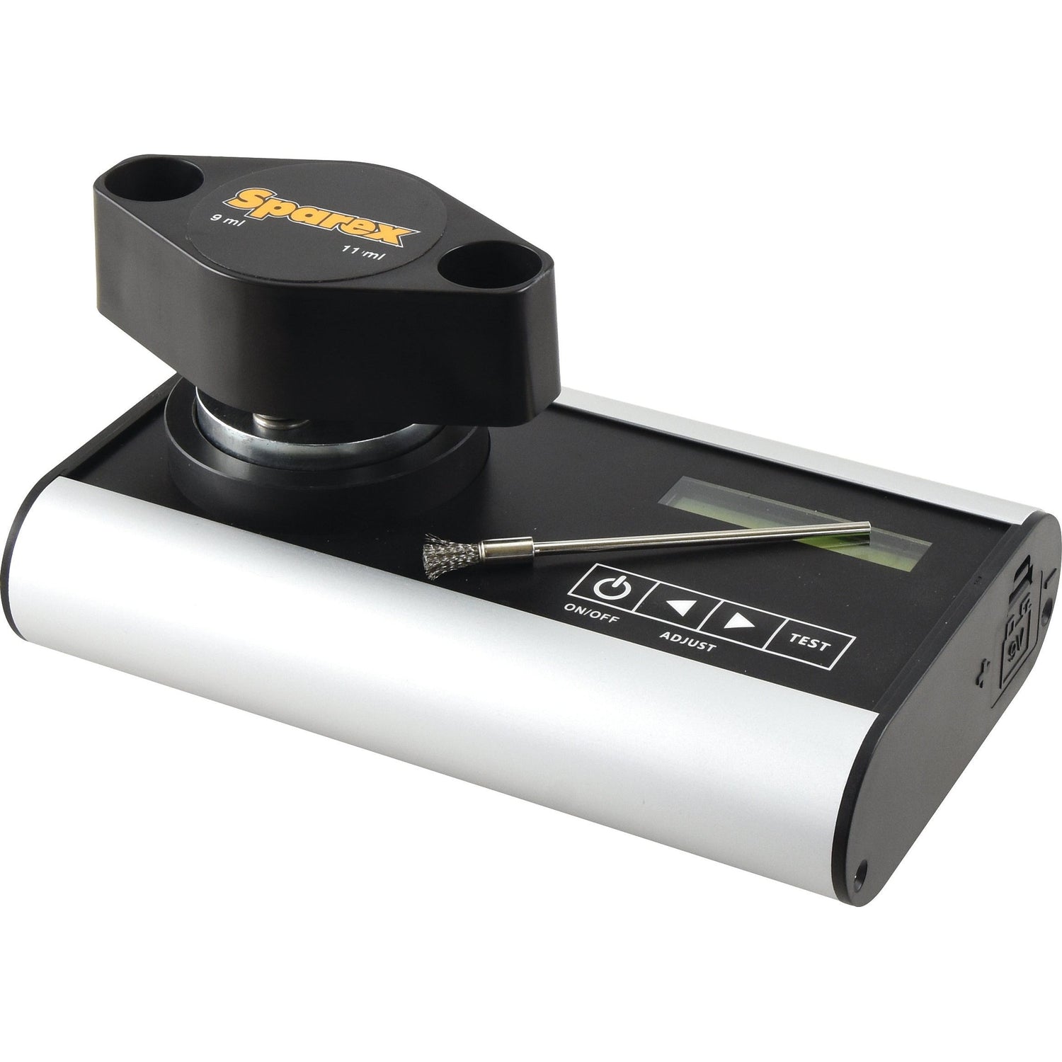 Introducing the GMT-GRIND Grinding Grain Moisture Tester - S.24641 by Sparex, a device equipped with a digital tachometer, an attached sensor, and a backlit LCD display. The tester features buttons labeled "on/off," "adjust," and "test," along with a slender metal probe for precise readings.