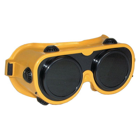 Introducing the GOGGLES-GAS WELDING - S.11639 by Sparex: Featuring yellow frames, dark lenses, black side vents, and an adjustable headband for a secure fit. Shade Density 5 ensures optimal protection during welding tasks.
