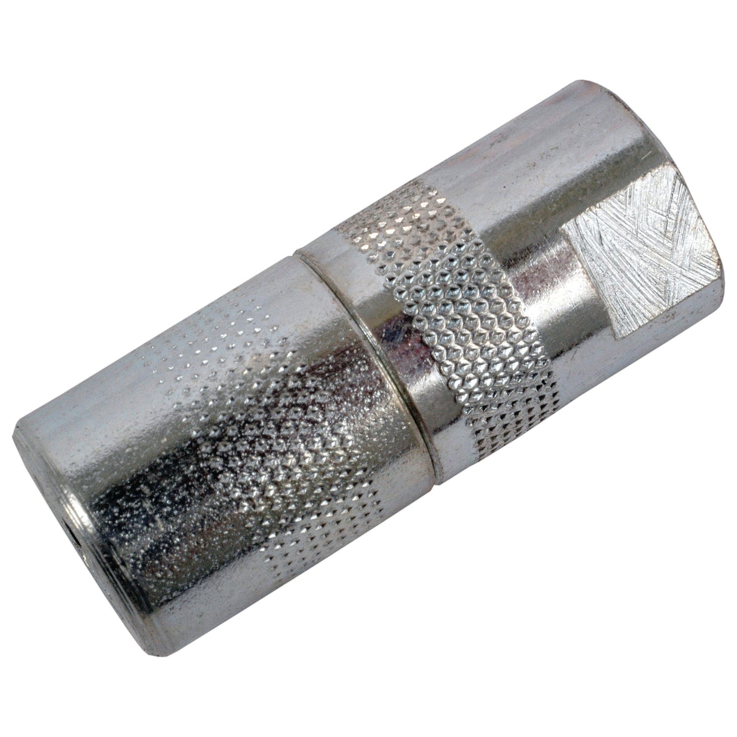 A close-up of the Sparex Grease Gun Coupler M10 x 1.00 Metric HD - 4 Jaw (Part No. S.30166) reveals its knurled surface which enhances grip. This cylindrical connector, featuring textured patterns, is essential for joining or extending pipes or fittings, making it an ideal grease gun coupler.