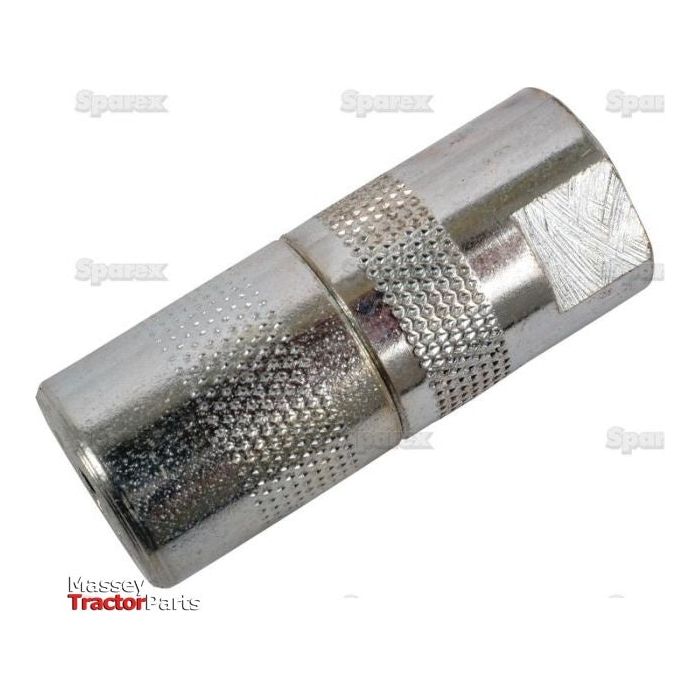 A silver metallic cylindrical hose coupling with textured grip surfaces, branded as Sparex, featuring a 4 Jaw Grease Gun Coupler (Sparex Part No. S.30166) for seamless connection.