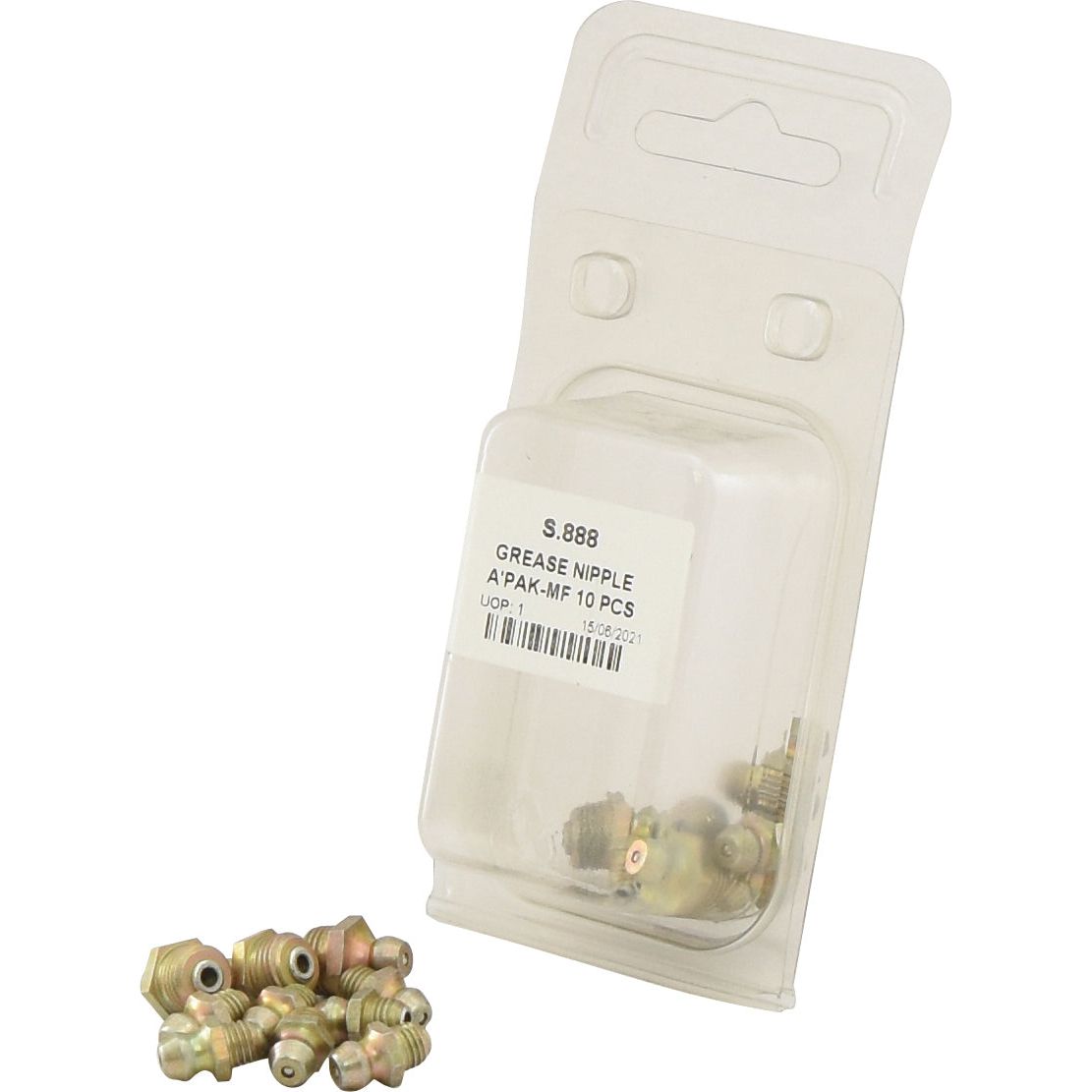 A package of ten Sparex Grease Nipples - Imperial (S.888) sits next to several loose grease nipples. The package, specifically designed for Massey Ferguson equipment, features a label with detailed product information.