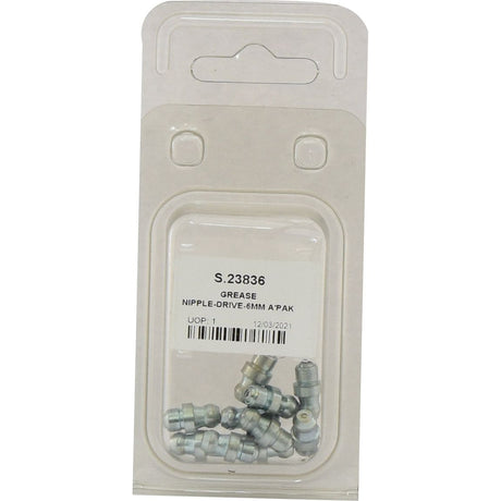 Package containing ten 6mm grease nipples labeled "Sparex Part No. S.23836" in a transparent container with a clear front and beige backing from Agripak, by Sparex.