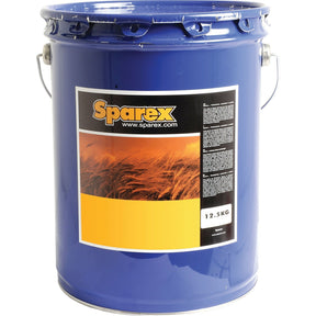 A blue metal bucket with side handles and a lid, designed to prevent corrosion. The label reads "Sparex" and depicts a field of wheat, along with a website link. The indicated weight is 3.0 kg under the product name GREASE ROPEQUAL 00, Sparex Part No.S.119819.