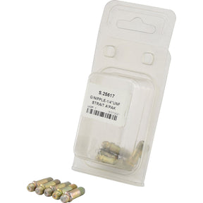 A package of five extra long straight metal grease nipples labeled "Grease Nipple - Extra Long (Straight) 1/4'' UNF (Agripak 5 pcs.)" by Sparex, part number S.25617, in clear plastic packaging.