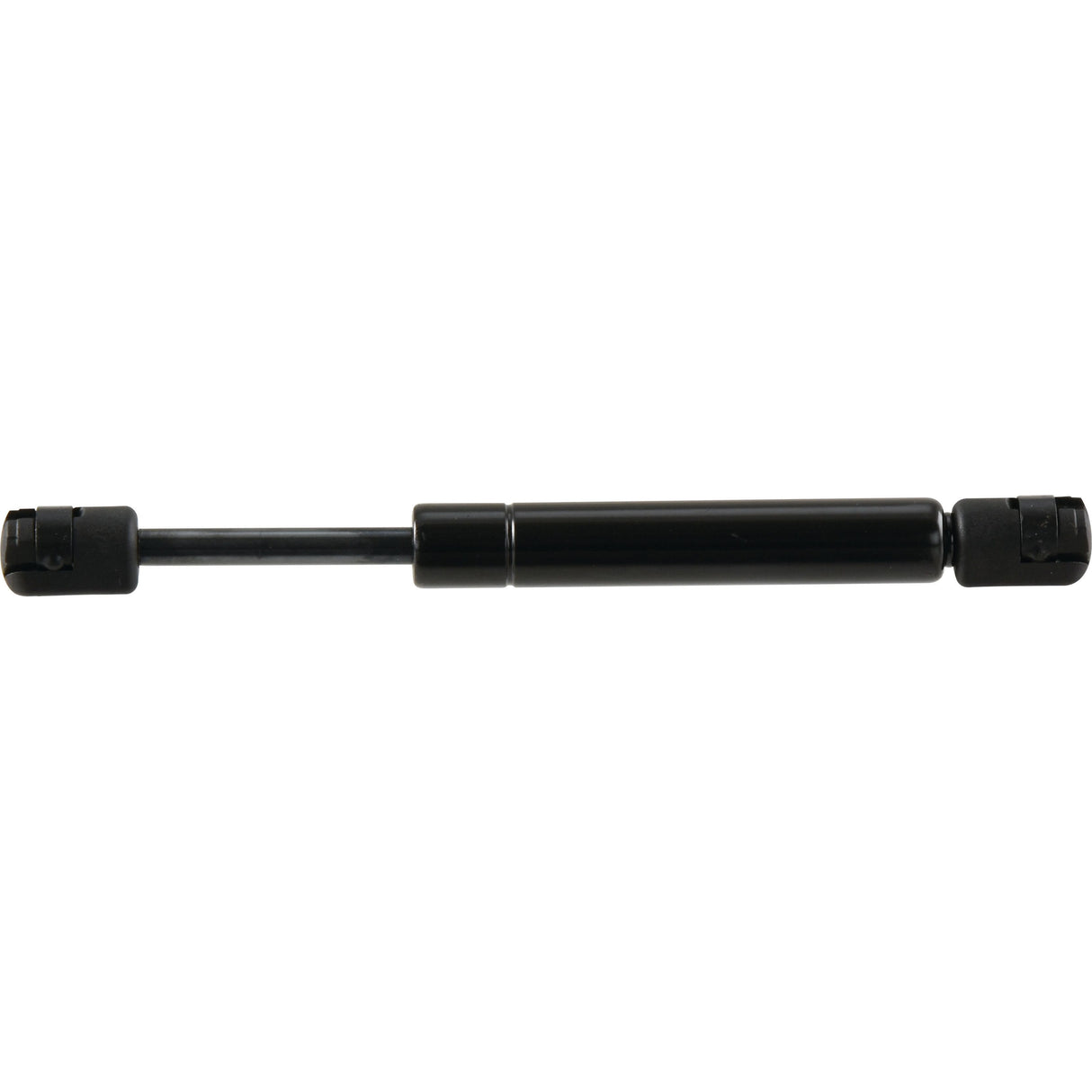 Image of a Sparex Gas Strut (S.137016) in black, placed horizontally against a white background, featuring two end fittings. For more information on its manufacture and suitability for various applications, refer to the product specifications. The total length of this gas strut is 205mm.