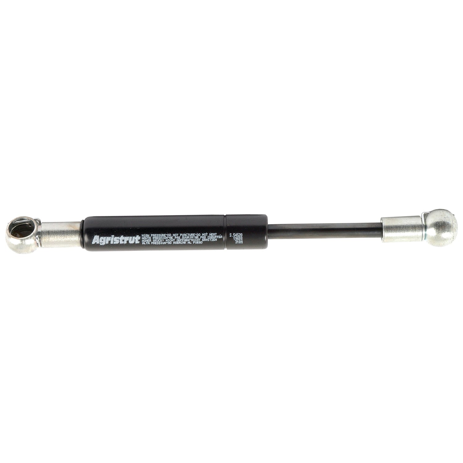 A Sparex Gas Strut, black in color with a total length of 215mm and metallic ball socket connectors on both ends, is designed to provide controlled pressure in mechanical applications. Product code: S.54528.