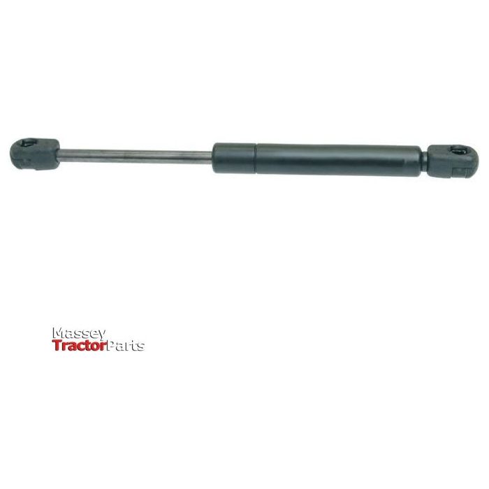 Image of a black Sparex Gas Strut (total length: 255mm, product code S.19438) with eyelet ends and ball socket fittings, displayed on a white background, with the Massey Tractor Parts logo visible in the bottom left corner.