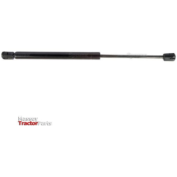 Hydraulic gas strut for Massey Tractor Parts, featuring a cylindrical body with connectors on both ends and precise End Fittings. Product Name: Gas Strut, Total length: 390mm - S.54521 by Sparex.