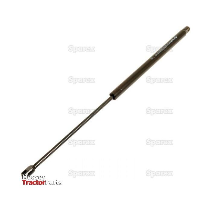 A Sparex gas strut labeled "S.110819" for Massey Tractor Parts, featuring end fittings, with a thin, black shaft and a thicker cylindrical casing, has a total length of 500mm.