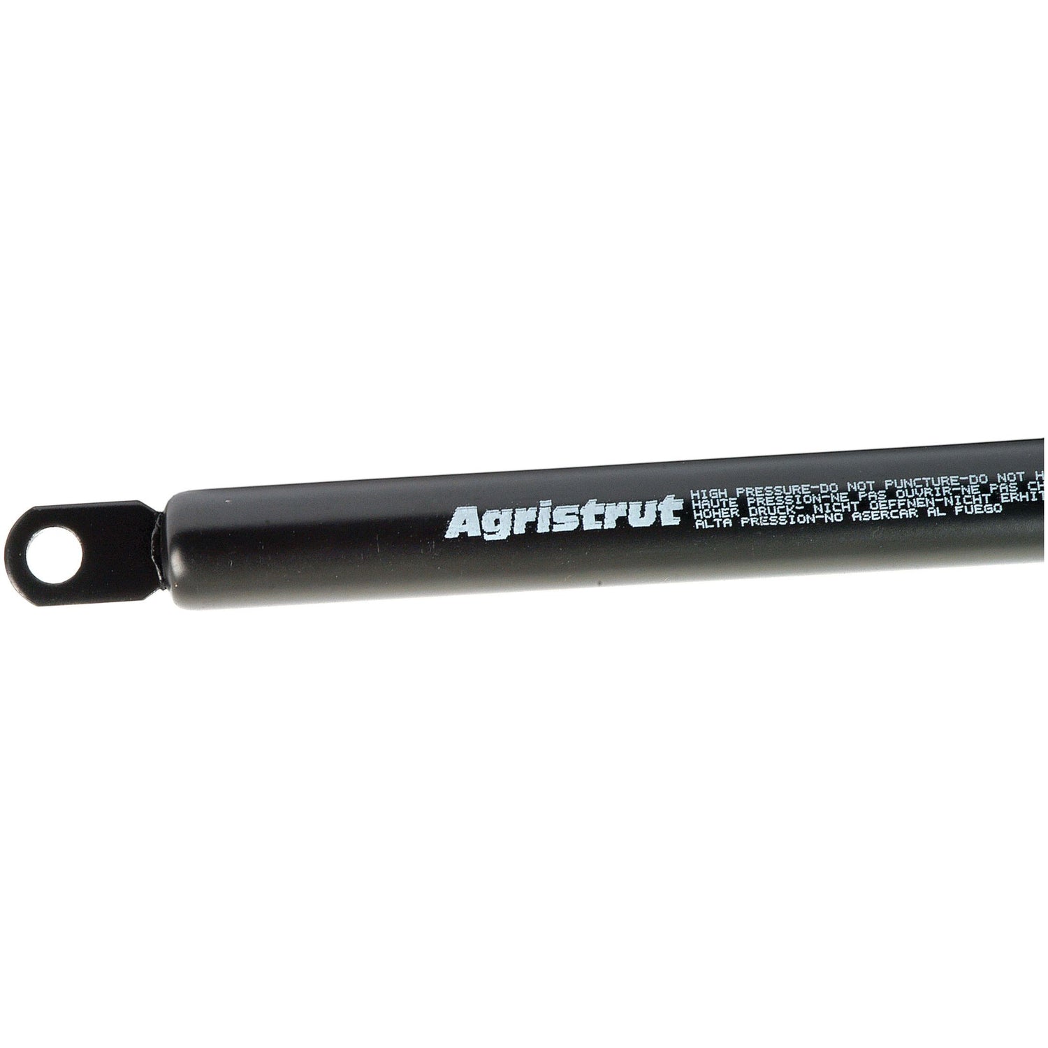 A black Sparex gas strut, model S.54537, which is 500mm in total length, features the word "Agristrut" and some text printed on it. It includes a circular attachment point at one end and is designed to handle a pressure of 200N.
