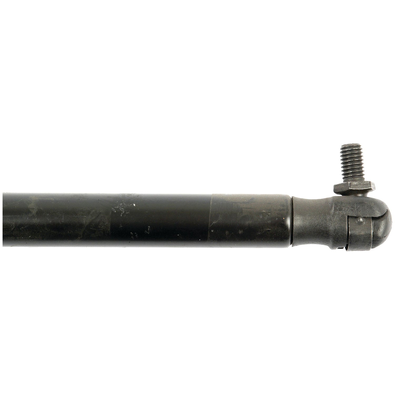 Close-up of the Sparex Gas Strut, Total length: 590mm - S.19451, featuring a black metallic rod with a threaded bolt attached to one end. The surface exhibits signs of wear and scratches, and the ball joint near the bolt suggests extensive use.
