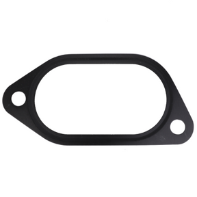 An oval-shaped black gasket, featuring two circular holes on opposite sides and perfectly suited for part fitment in the Massey Ferguson tractor series, available under the product name Massey Ferguson - Gasket - 4308296M1 by AGCO.