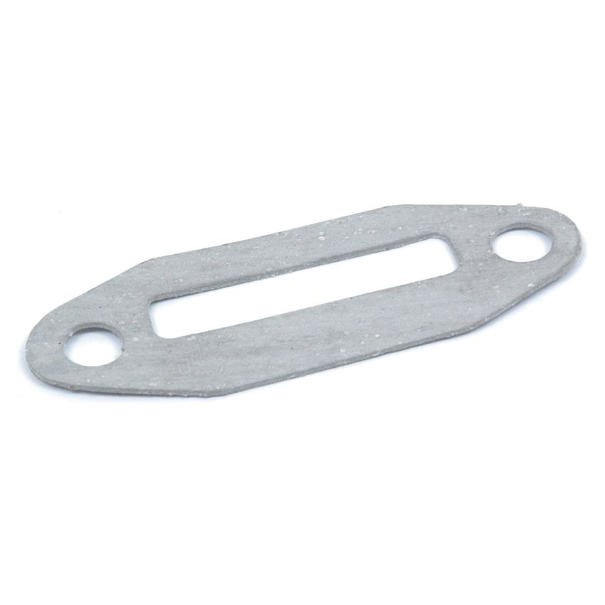 The Gasket By-Pass Outlet (Sparex Part No. S.42967) from Sparex is a rectangular metal spacer featuring two circular holes on opposite ends and a rectangular cutout in the center, making it an ideal component for Massey Ferguson machinery.