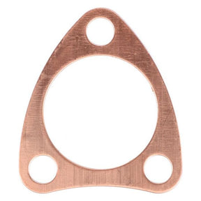 The AGCO Massey Ferguson - Gasket Combustion Cap - 746473M1 is a triangular metallic gasket featuring a large central hole and two smaller holes at the bottom corners, designed for compatibility with Massey Ferguson 100 Series.