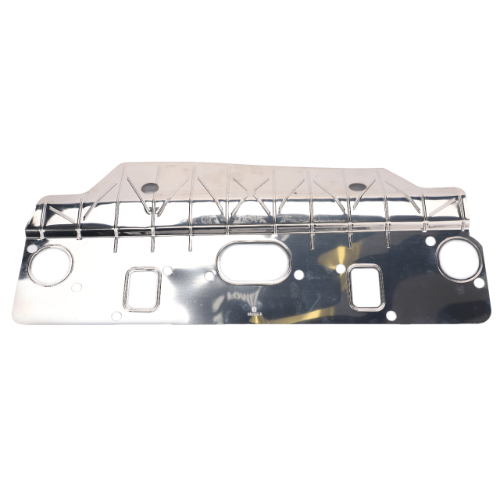 A metallic rectangular panel, part of the Massey Ferguson 300 Series machinery, features various cutout shapes—including circles, rectangles, and an elongated oval. This panel includes multiple attachment points and structural supports along the top and is similar to the AGCO Gasket Exhaust/Inlet with product code 3637343M1.