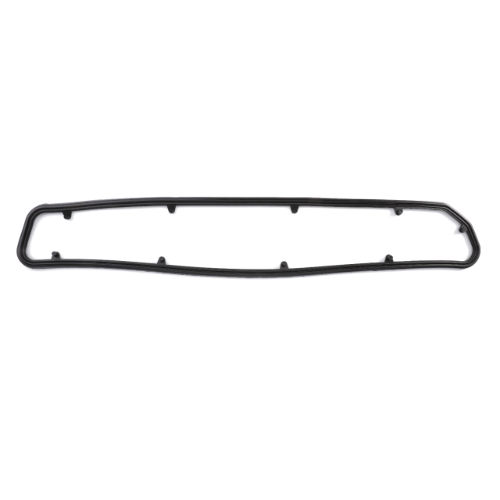 The AGCO Fendt - Gasket - F716201090040 is a black rectangular rubber gasket featuring six attached clips, designed specifically for Fendt Models. This genuine seal ensures durability and a perfect fit.