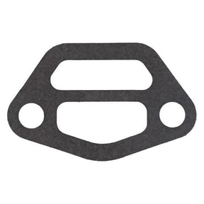 The AGCO Massey Ferguson - Gasket Oil Filter Head - 4222918M1 is a black gasket featuring two circular holes and an oblong cutout in the center, designed specifically for Massey Ferguson 300 Series tractor parts. The gasket has an irregular shape with a combination of flat and curved edges.