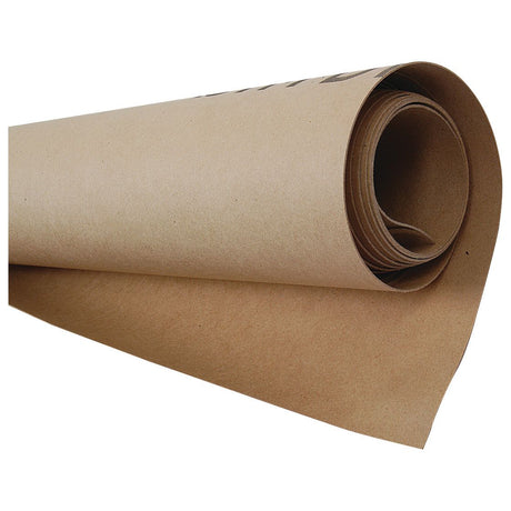 A roll of brown Gasket Paper 1.5mm x 500mm x 2500mm - S.24823, partially unrolled on a white background, with its sturdy sheet ideal for wrapping and cushioning items like Sparex or polythene.