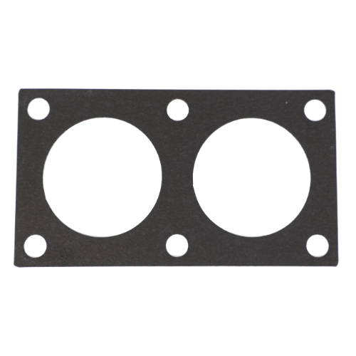 A rectangular gasket by AGCO for Massey Ferguson 300 Series tractors (Part Number: 3638700M1), featuring two large circular holes and six smaller peripheral holes.
