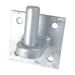 The Sparex Gate Hanger - Bolt on (Sparex Part No. S.55512) features a 100mm x 100mm galvanised metal mounting bracket with a Ø19mm cylindrical post in the center and four holes for screws at the corners, making it ideal for bolt-on applications or use as a gate hanger.
