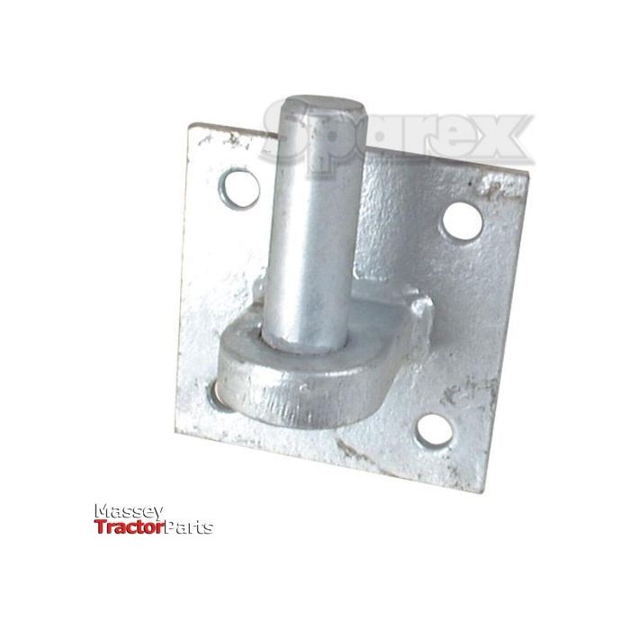 A square, galvanized metal flange with four holes and a cylindrical protrusion in the center, labeled "Sparex" at the top, suitable as a bolt-on gate hanger. This product is known as the Gate Hanger - Bolt on (Sparex Part No. S.55512) and measures 100mm x 100mm with a pin diameter of 19mm.
