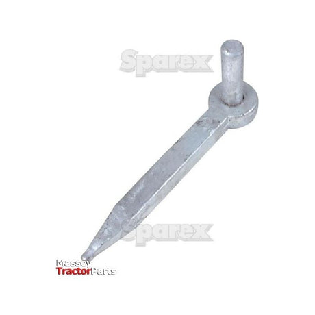 A gate hanger with a pointed end and a round head, featuring a short vertical peg. The galvanised finish ensures durability, while the branding text "Sparex" and "Massey Tractor Parts" are clearly visible. This product is known as the Gate Hanger - Drive Fit (Pin Ø19mm, Length: 215mm) with Sparex Part No.S.55517.
