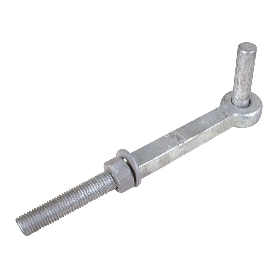 The Sparex Gate Hanger - Square Bolt, Part No. S.55515, features a galvanised metallic right-hand thread J-bolt with a 290mm long threaded shaft and a short, flat, perpendicular arm. It is ideal for gate hanger applications with a pin diameter of Ø19mm.