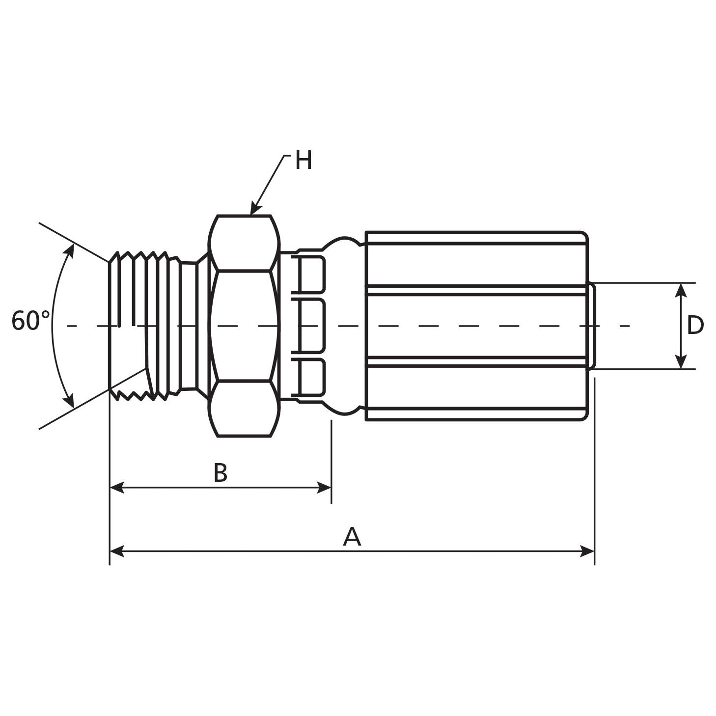 Technical drawing of the Gates BSP Hose Insert 1/4'' x 3/8'' Male Straight - S.116102 from Sparex, featuring a cylindrical mechanical component with a threaded end (BSP thread size) and hexagonal section. The measured dimensions are labeled A, B, D, and H, including a noted angle of 60°. Detailed as part of the MegaCrimp system for a 1/4 hose fitting.