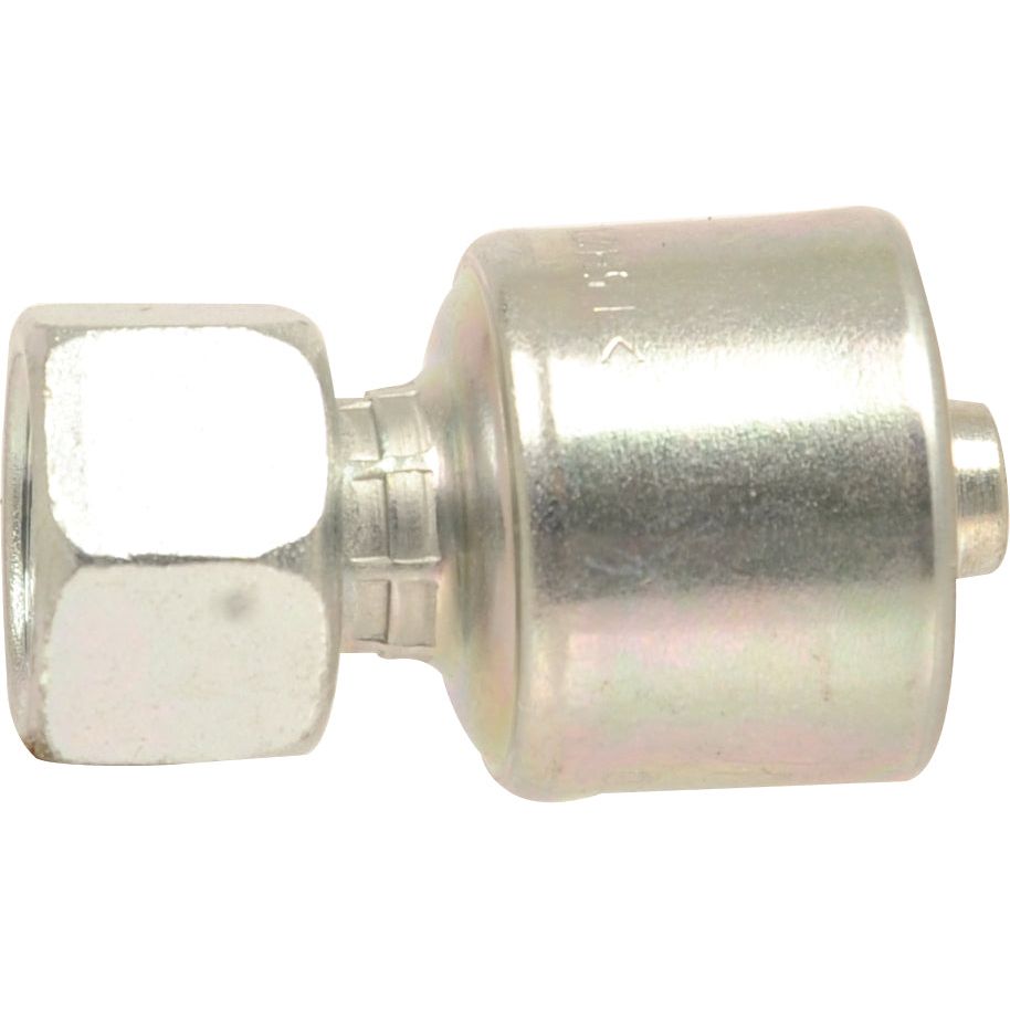 A cylindrical metallic part, identified as the Gates BSP 60° Hose Insert 3/8" x 3/8"" Female Straight Swivel - S.116121 from Sparex, is shown with a hexagonal connector on one end, featuring the robust MegaCrimp® design.
