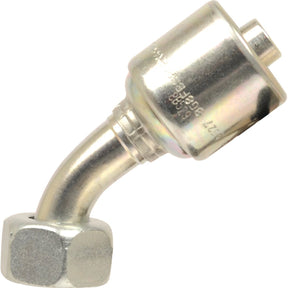 A metallic hydraulic hose fitting from Sparex, featuring a 135° swept swivel design, with a 1/2'' female BSP thread. This high-quality Gates BSP 60° Hose Insert (S.116137) incorporates the advanced MegaCrimp® technology by Gates and includes a hexagonal nut on one end and a sleeve on the other.