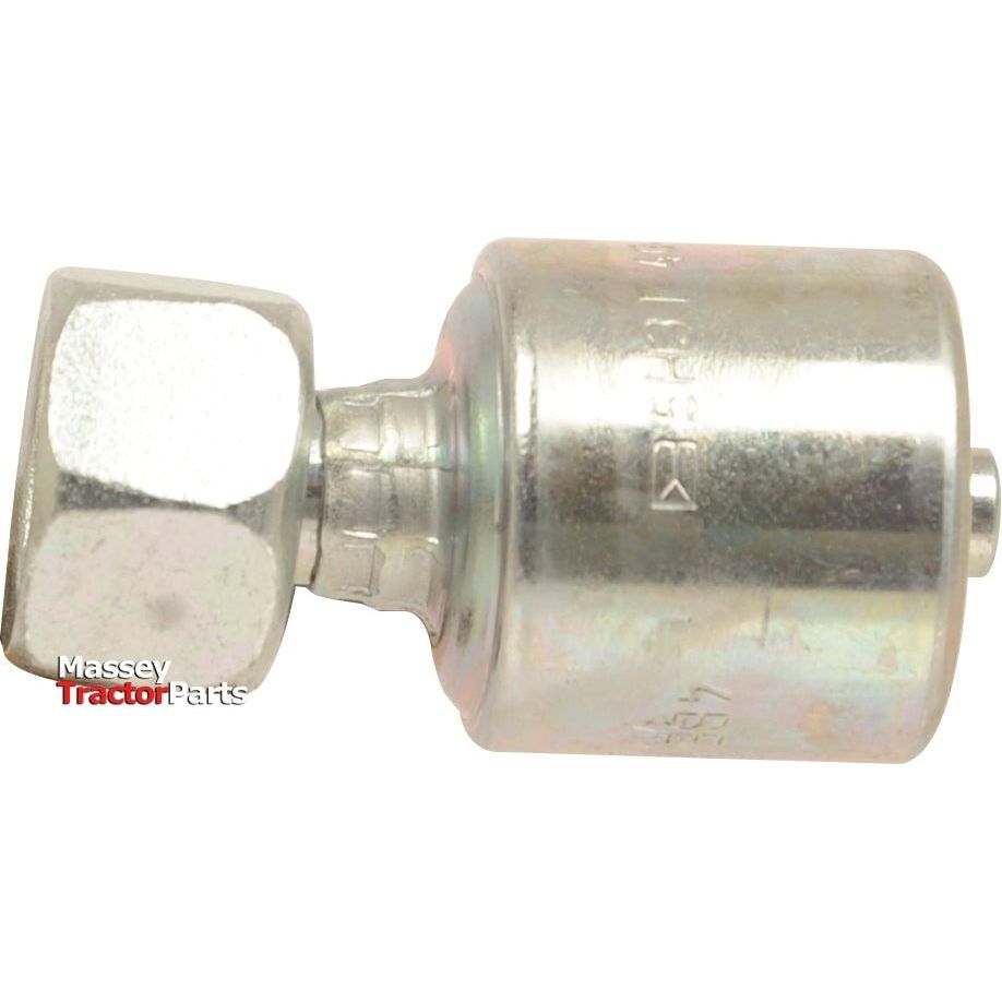 An item from Sparex called the Gates BSP 60° Hose Insert 1/2'' x 1/2'' x 14 TPI; Female Straight Swivel - S.116124, which is a metallic, cylindrical part with a hexagonal end bearing the partial inscription "Massey Tractor Parts" on the left side. It closely resembles a BSP thread fitting in its design.