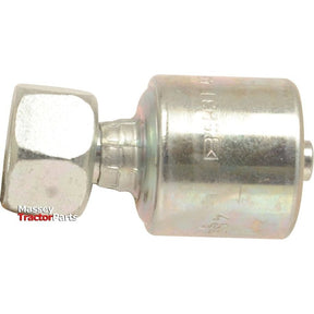 An item from Sparex called the Gates BSP 60° Hose Insert 1/2'' x 1/2'' x 14 TPI; Female Straight Swivel - S.116124, which is a metallic, cylindrical part with a hexagonal end bearing the partial inscription "Massey Tractor Parts" on the left side. It closely resembles a BSP thread fitting in its design.