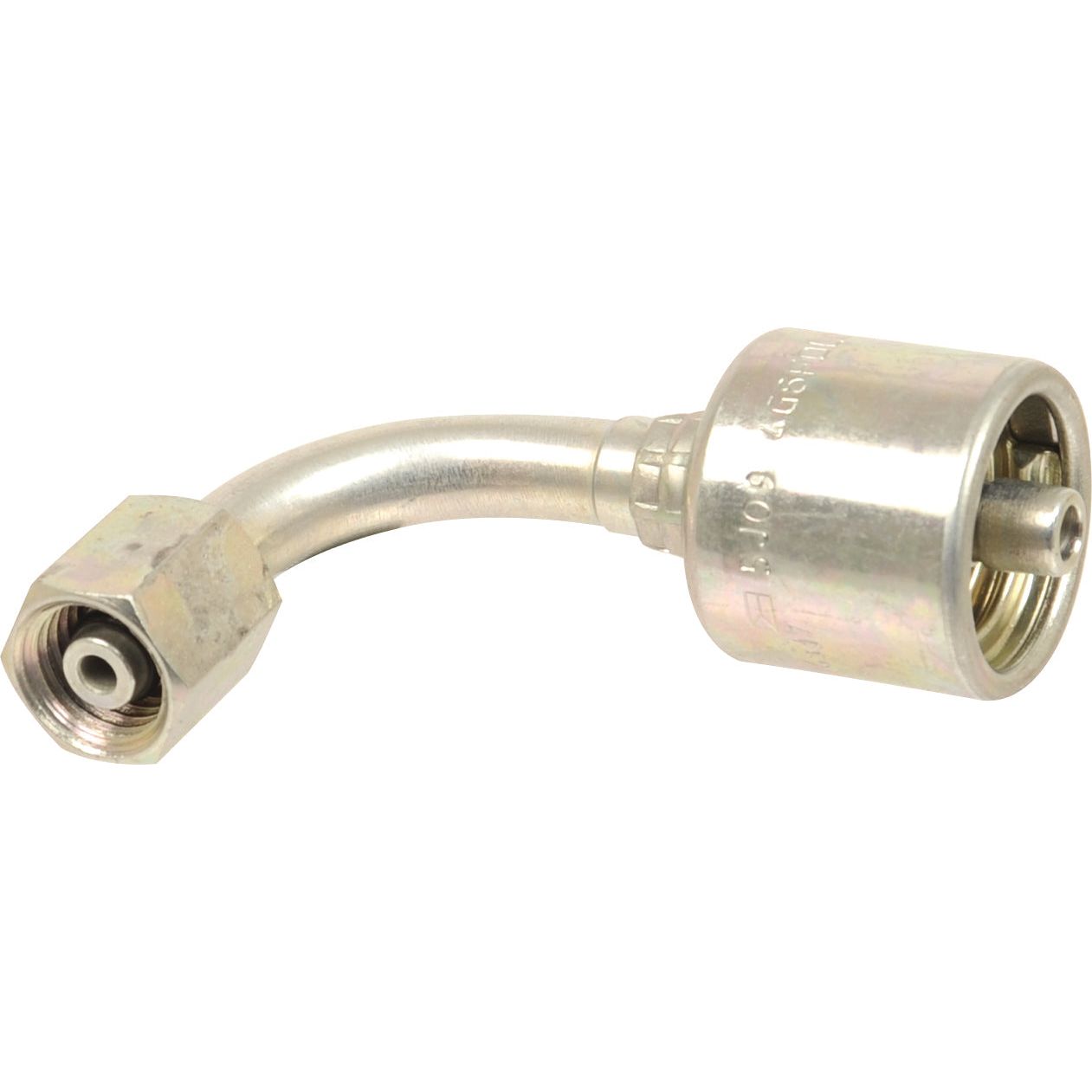 A Gates Metric 24° Hose Insert 3/8'' x M18 x 1.50 Female 90° Swept Swivel (S.116350) by Sparex with a bent center tube and threaded connectors on each end.